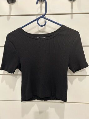 Zara Black Ribbed Short Sleeve Crop Top | Crew Neck Stretch Knit Basic
